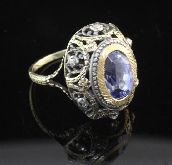 An antique gold and silver, sapphire and rose cut diamond ring, size L.